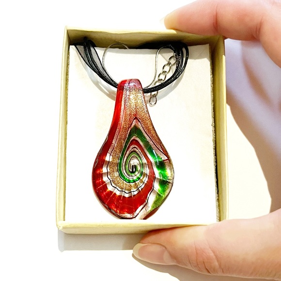 Murano Style Blown Glass Necklace Teardrop Red Green Silver Gold Swirl Sparkly - Picture 4 of 6
